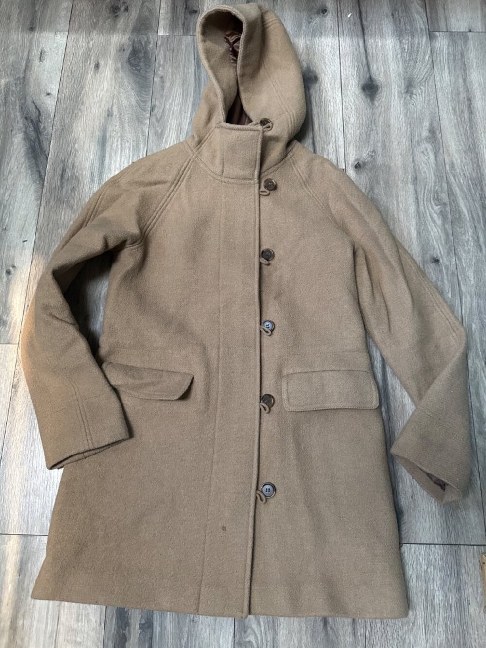 J. Crew Wool Blend Hooded Button Front Coat In Camel Size 4 Fully Lined Made In